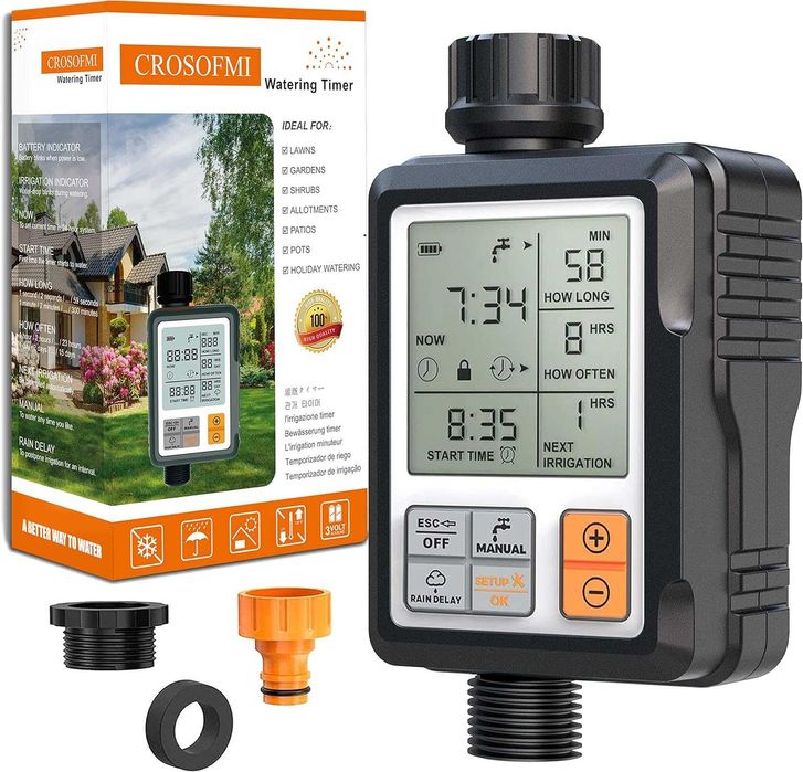 CROSOFMI Напоителен компютър с голям дисплей, Rain Delay и Child Lock