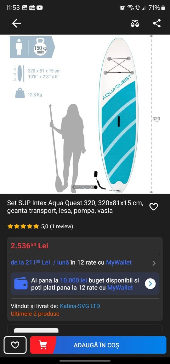 Vând SUP, stand up paddle, placa gonflabila Intex Aqua Quest 320