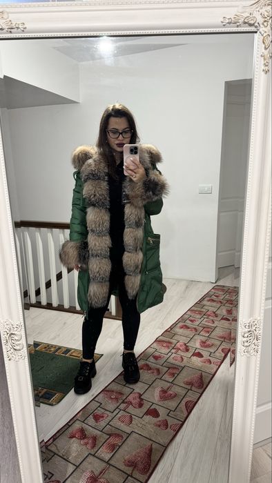 Geaca Fas Parka verde Lunga, Cu Blana Naturala De Raton