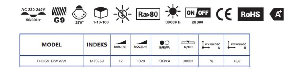 LED крушка MILIO G9 12W 1020 lm Топло бяло 3000К