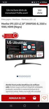 Monitor LED IPS LG 29WP500-B, 29" UltraWide, Full HD, 75Hz, AMD Freesy
