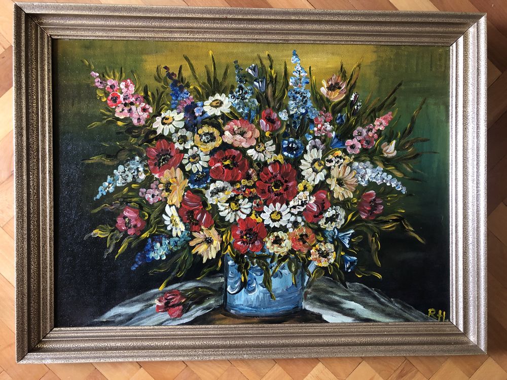 Tablou,pictura germana in ulei pe lemn,flori de camp
