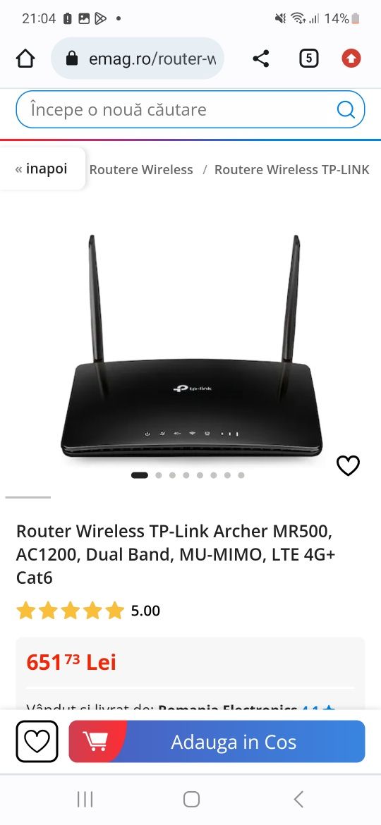 Router Wireless TP-Link Archer MR500, AC1200, Dual Band, MU-MIMO, LTE