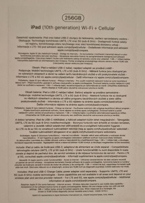 Apple iPad 10 (2022), 10.9", 256 GB, Wi-Fi + Cellular, Blue