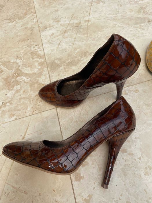 pantofi stiletto din piele de crocodil, premium, maro si galbeni, 36