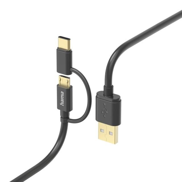 HAMA Кабел 2 в 1 USB-A - Micro USB, с адаптер за USB-C, 1 м - 201533