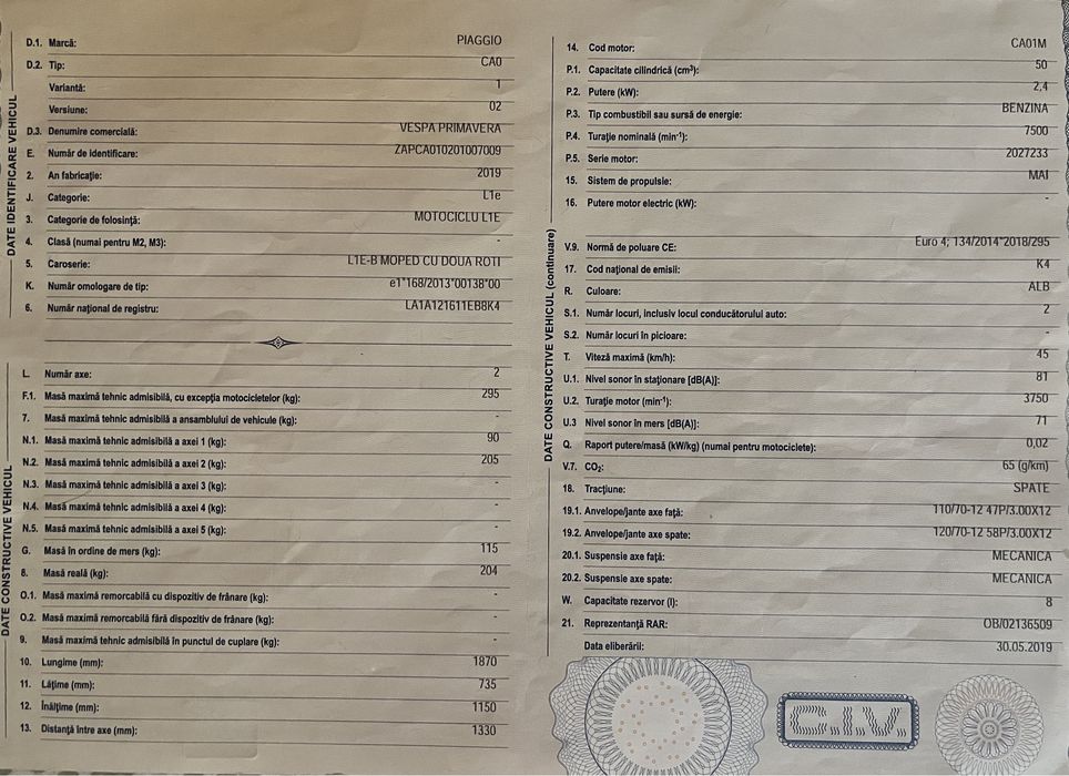 Vepa Primavera 50/60cc 4T primul proprietar
