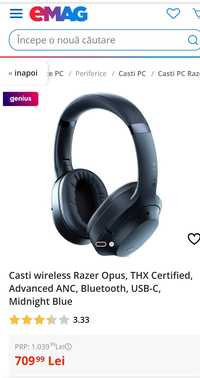 Casti wireless Razer Opus, THX Certified, Advanced ANC, Bluetooth, USB