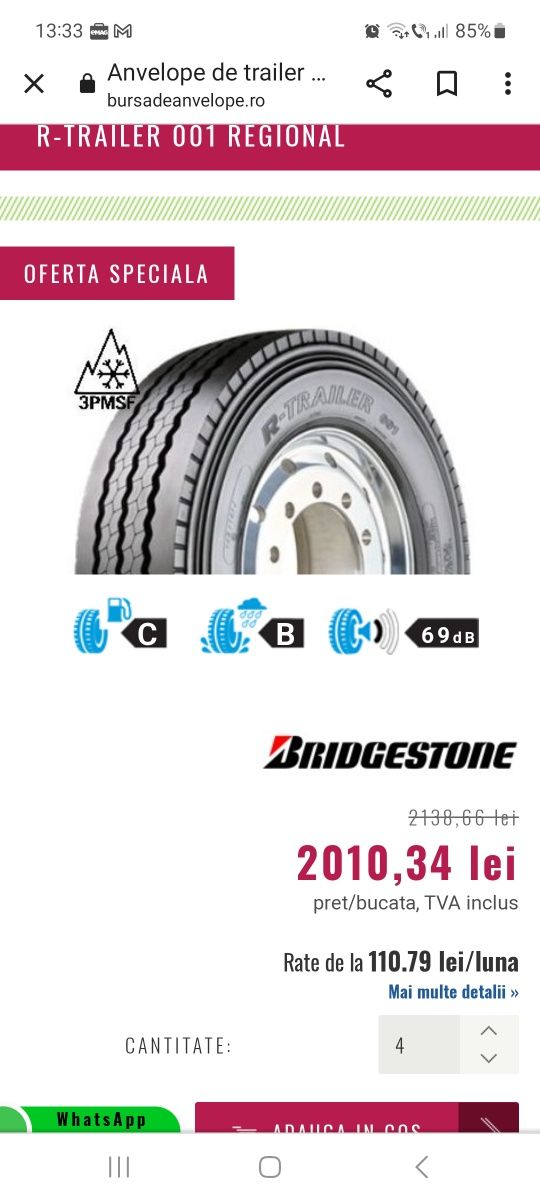 245/70 R17,5 Bridgestone R-Trailer ca și nou dot 2022