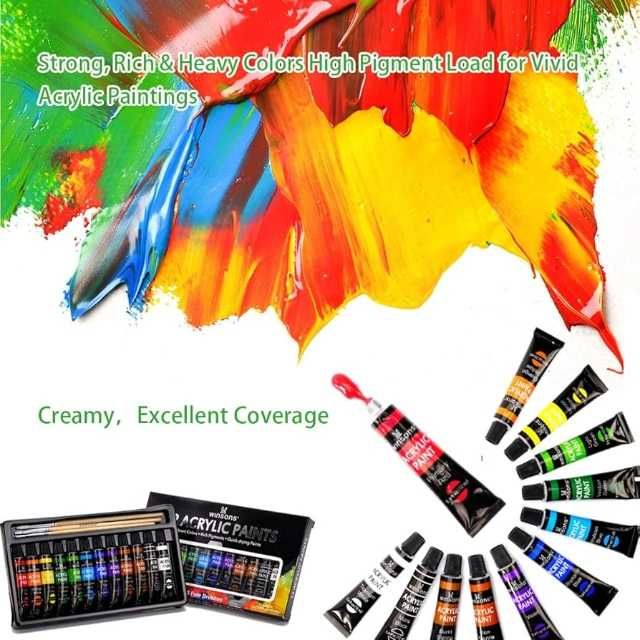 Set acuarele acrilice Premium KOMAZI®, 12 culori x 12 ml + 3 Pensule