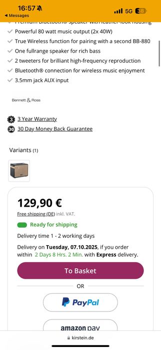 Bennett & Ross BB-880CW Blackmore Giant Bluetooth Speaker Cream White