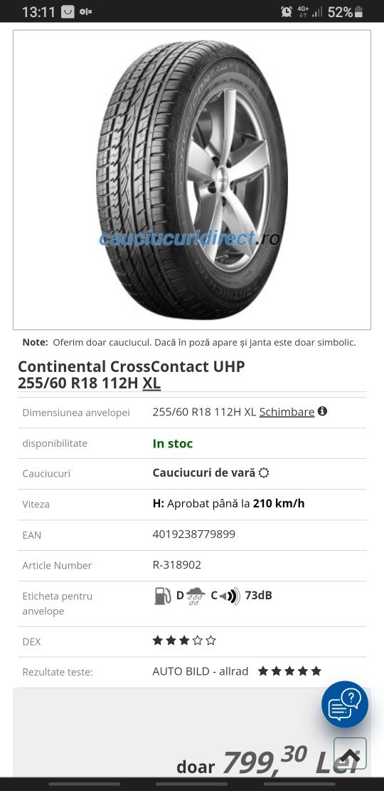 Cauciucuri 255 60 R18 Continental Cross Contact UHP de vara