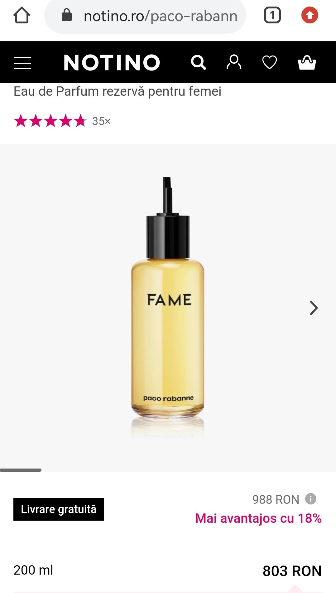 Paco Rabanne Fame Parfum 200 ml
Fame 
Eau de Parfum rezervă pentru fem