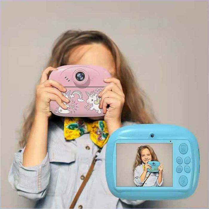 Детски фотоапарат с принтер 2.4 инчов екран, игри, хартия, син и розов