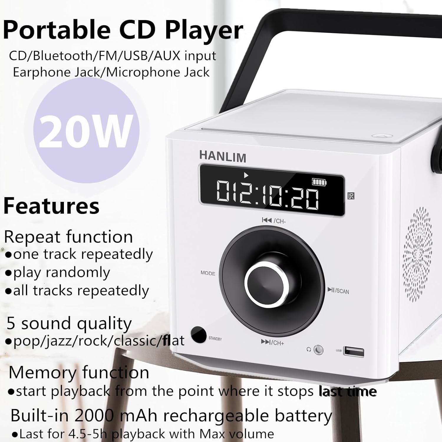 Преносим CD плейър Hanlim, Бял, 20W, FM радио/MP3, USB/AUX вход