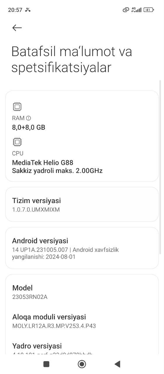 Redmi 12 sotiladi 256/8+8 ram ishlashi zor eng oxirgi versiyada tiniq.