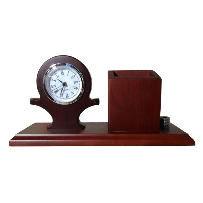 Set pentru birou din lemn masiv lacuit, cu ceas si suport pixuri