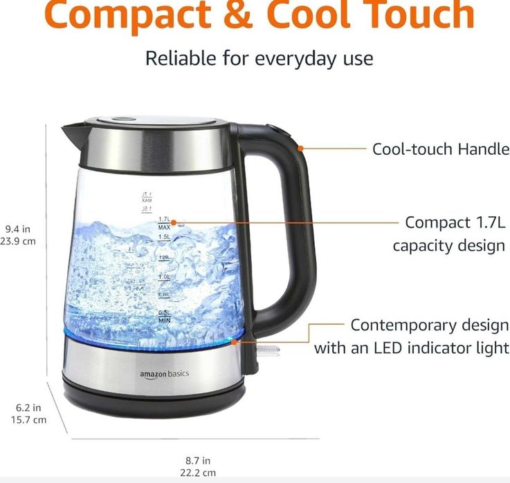 Кана за вода Amazon Basics Glass – 1.7 L, LED осветление