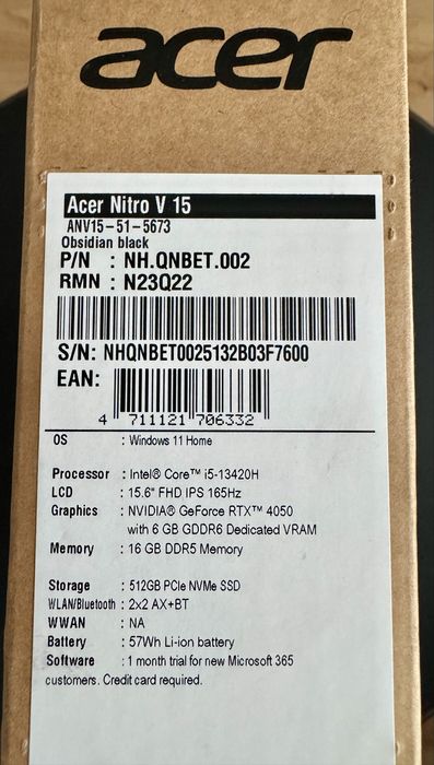 Laptop Gaming Acer Nitro V15 i5 RTX 4050 16GB 512GB 165Hz Nou Sigilat