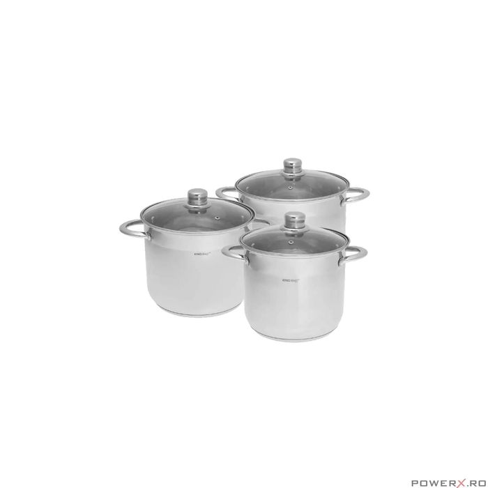 Set 3 oale din inox, cu capac sticla, 5.6l, 7.2l, 9l, KingHoff