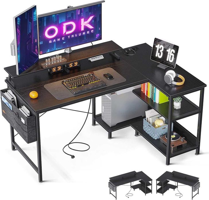 Birou gaming de colț, raft reversibil (negru, 120 x 80), priza si USB