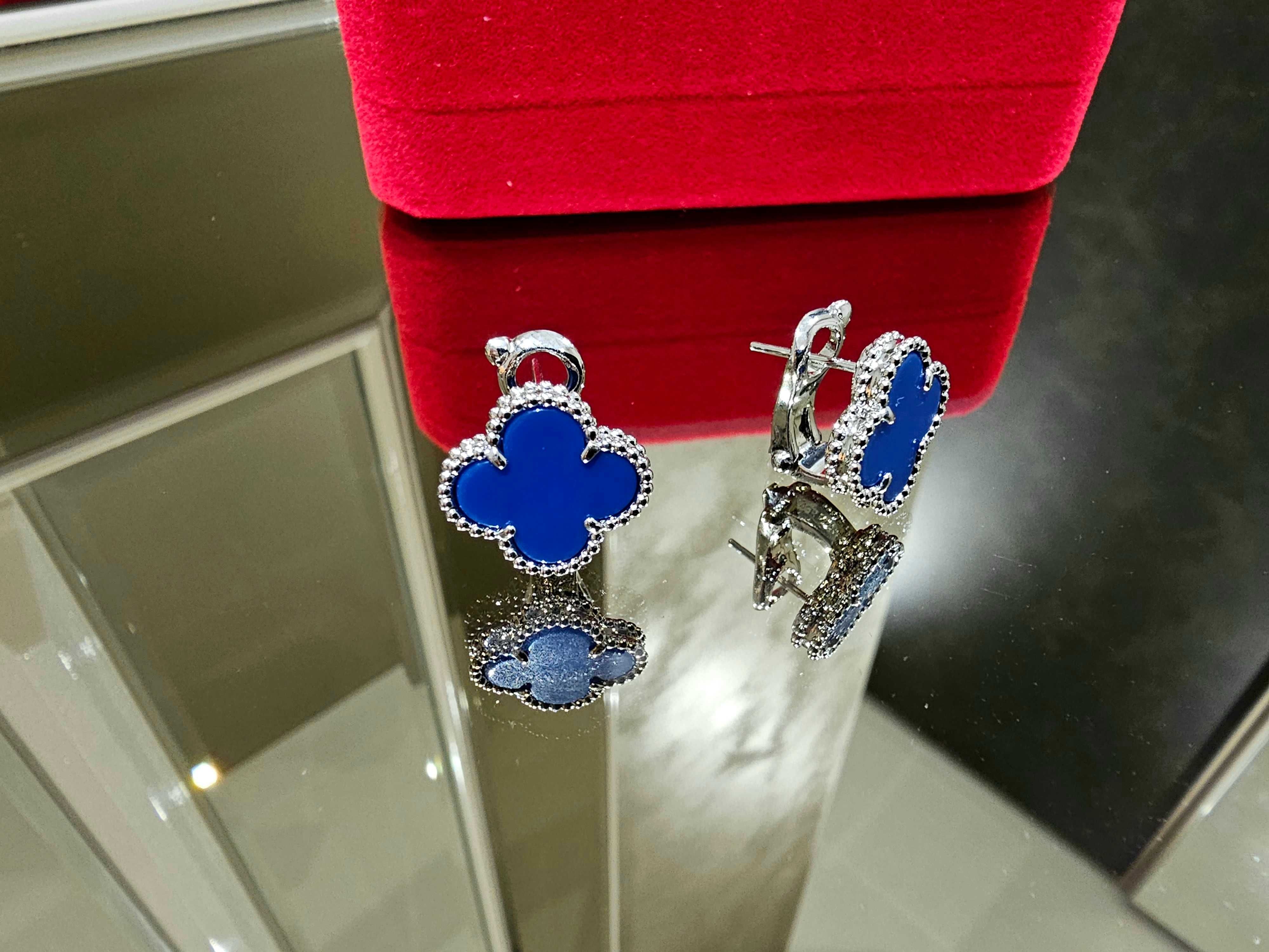 Van Cleef & Arpels VCA Silver Blue Agate Alhambra Clover Дамски Обеци