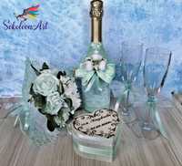 Сватбен комплект: чаши, гравирана кутия, букет, бутилка