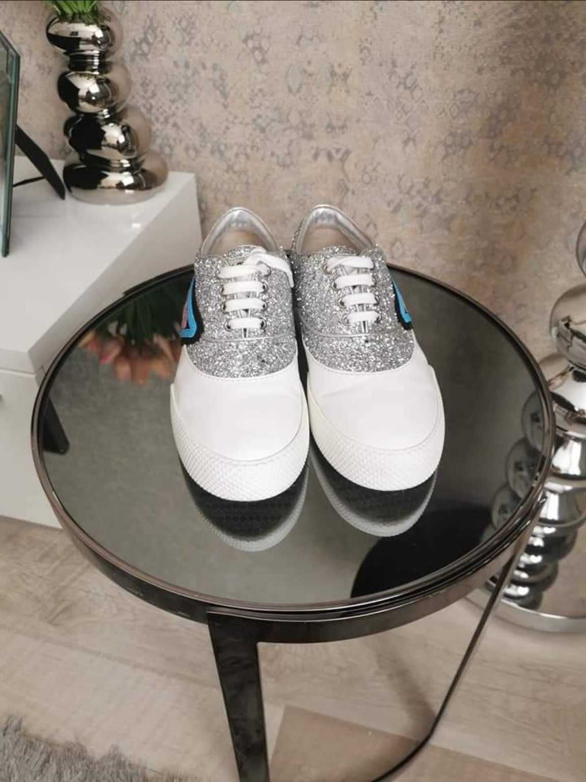 Sneakers Miu Miu/Prada 40 glitter si piele alb