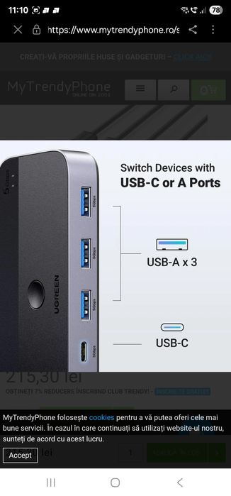 Ugreen USB 3.0 2-in-4 Switch 2x USB-A in, 3x USB-A + 1x USB-C out - Ne