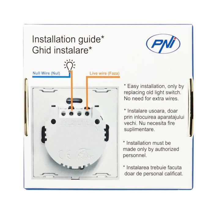 Intrerupator simplu cu touch PNI SH101 din sticla, alb cu LED