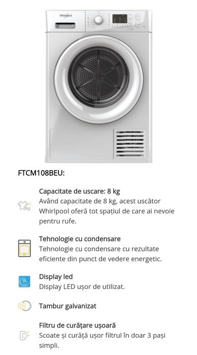 Uscator rufe Whirlpool 8kg 15 programe transport gratuit