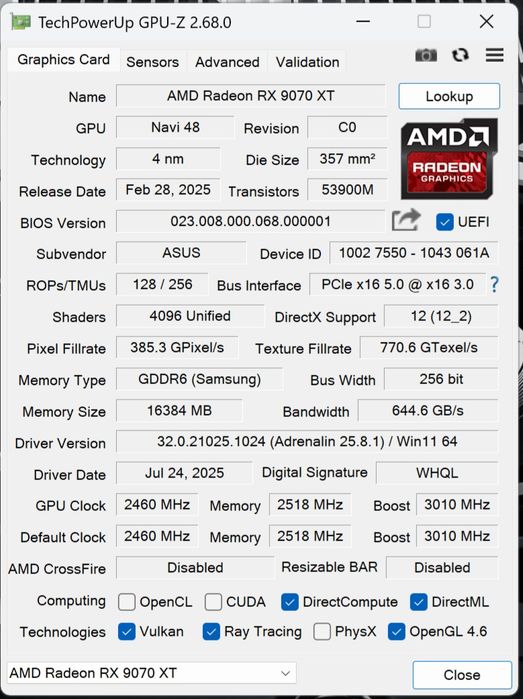 Видео карта Asus Prime RX 9070 XT 16GB AMD Radeon, като нова