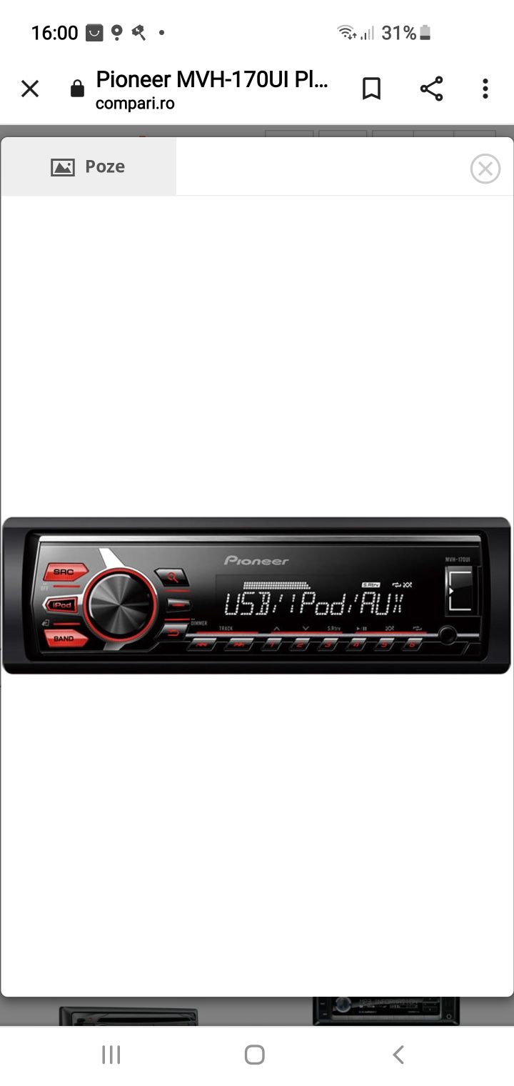 Radio MP3 Player auto Pioneer MVH-170UI, 4x50W, USB, AUX, Iesire Subwo
