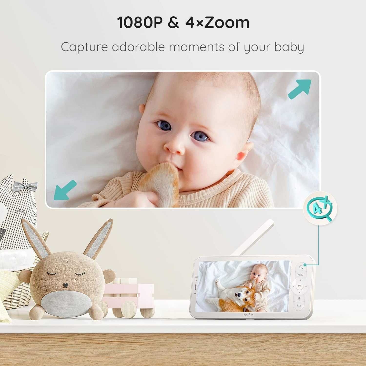 НОВ Бебефон BOIFUN 5" 1080P, управление чрез екрана + приложение...