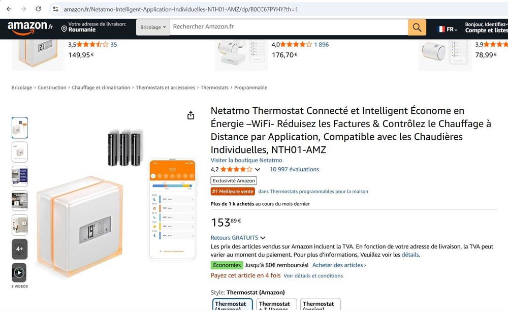 Termostat camera inteligent Netatmo, WiFi , NTH01-AMZ