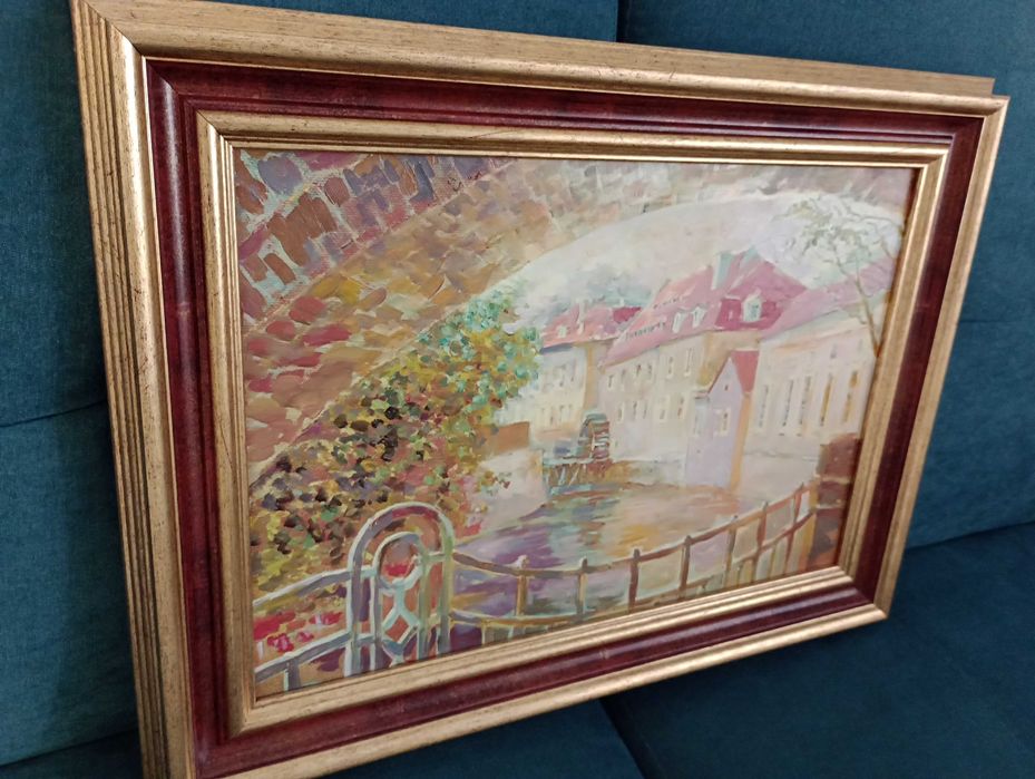 Tablou in ulei, canal navigabil cu pod, 51cm x38cm, cumparat din Praga