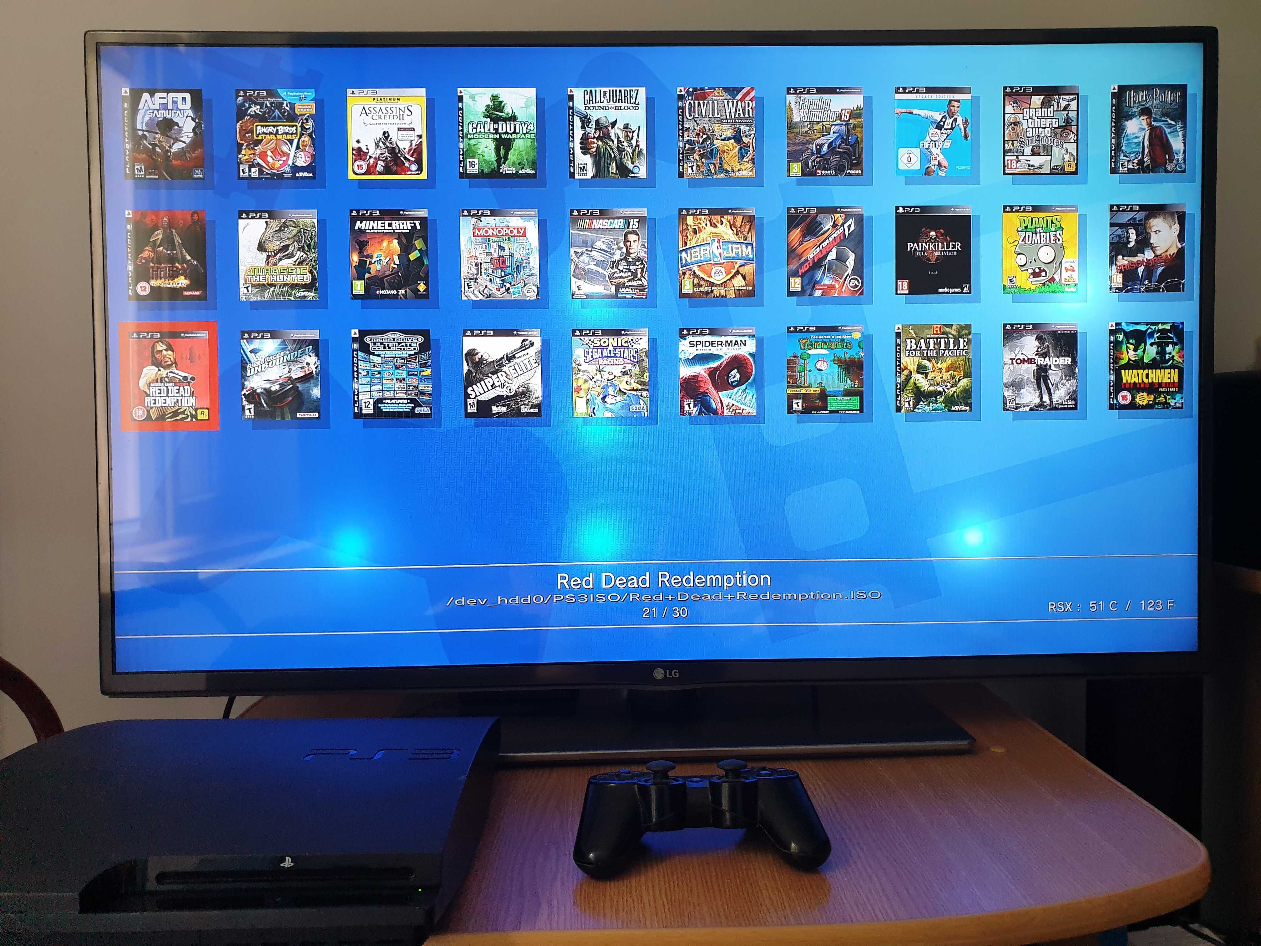 PS3 modat HEN 120 GB + 30 jocuri (GTA, Red Dead, FIFA 19, NFS)