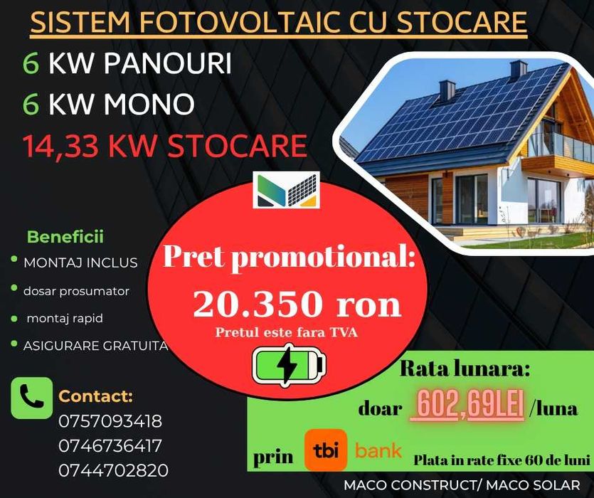 Sistem fotovoltaic complet 20.990 ron + TVA montaj inclus