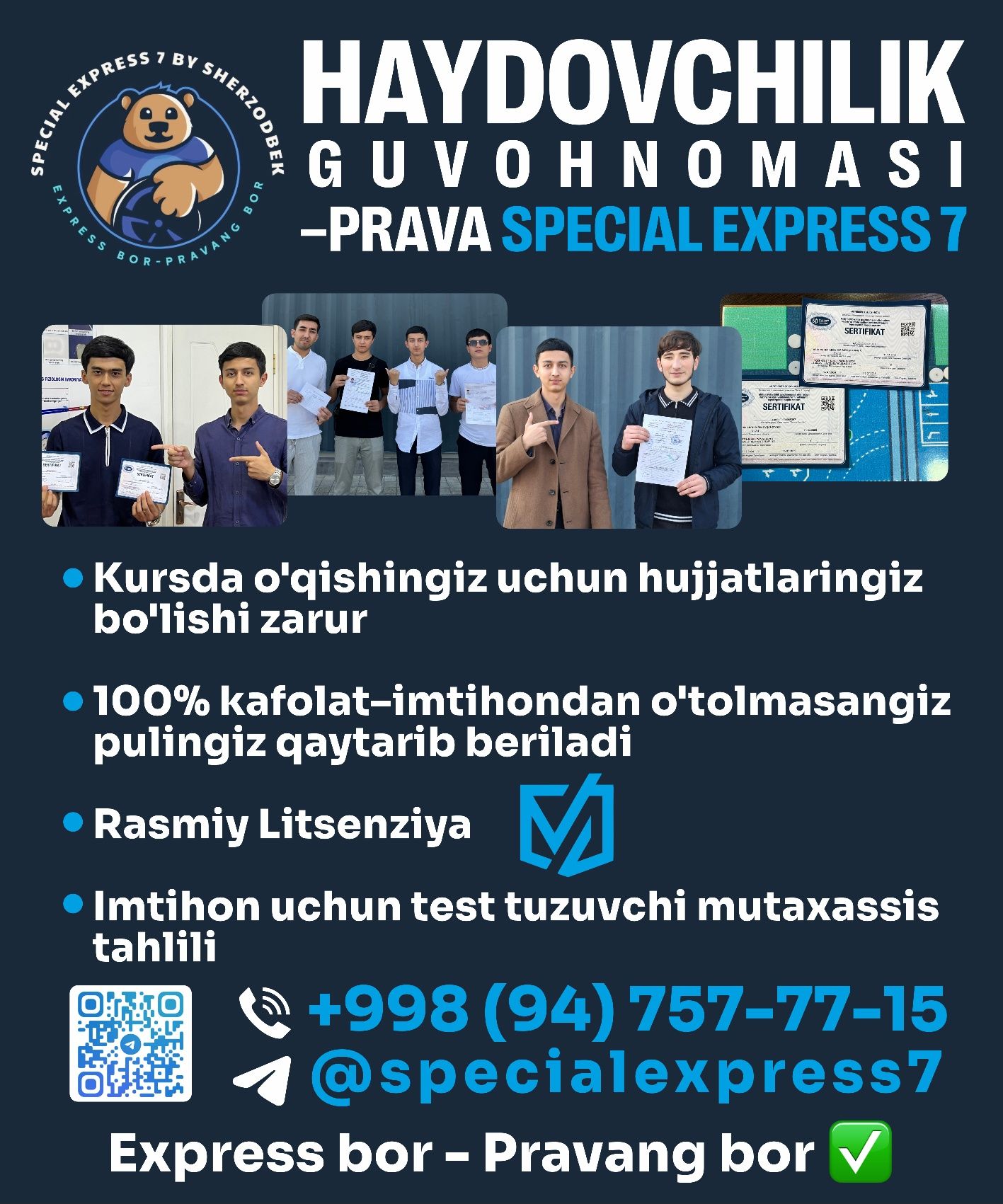 Express kurs, Prava, Prava Olamiz, Special Express, Garantiya 100%