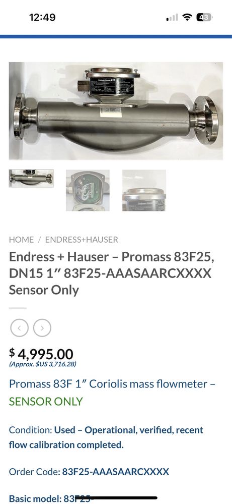 Endress Hauser 83F25-AAASAARCBAJD Promass 83 F Flowmeter