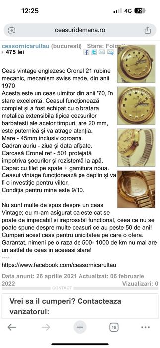 Ceas retro CRONEL swiss made