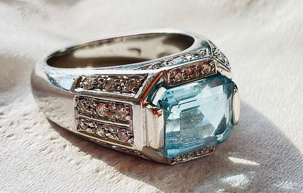 Inel aur 18 k acvamarin  natural de  Brazilia si diamante naturale