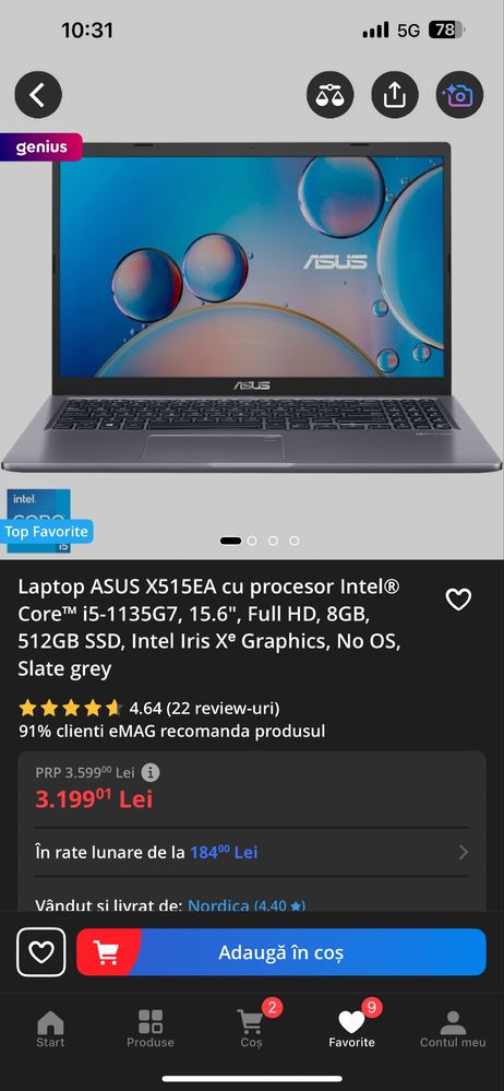 Laptop ASUS X515EA,procesor Intel I5-1135g7,placa video Intel Iris Xe