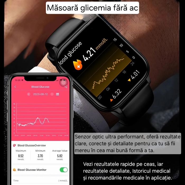 Smartwatch Medical Roz. Analize fără ac: glicemie, colesterol, EKG etc
