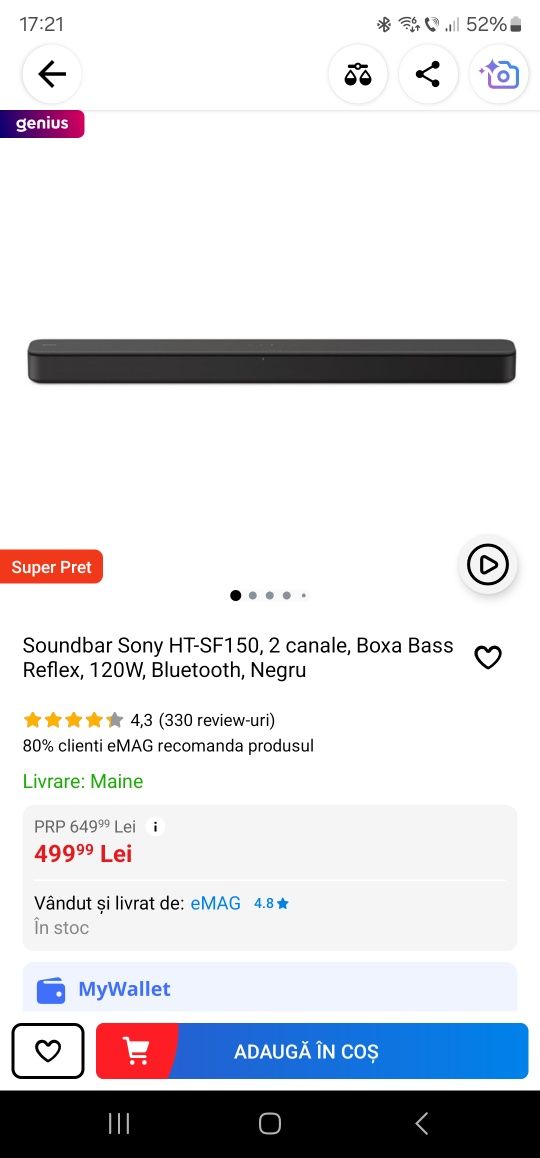 Soundbar Sony HT-SF150, 2 canale, Boxa Bass Reflex, 120W, Bluetooth, N