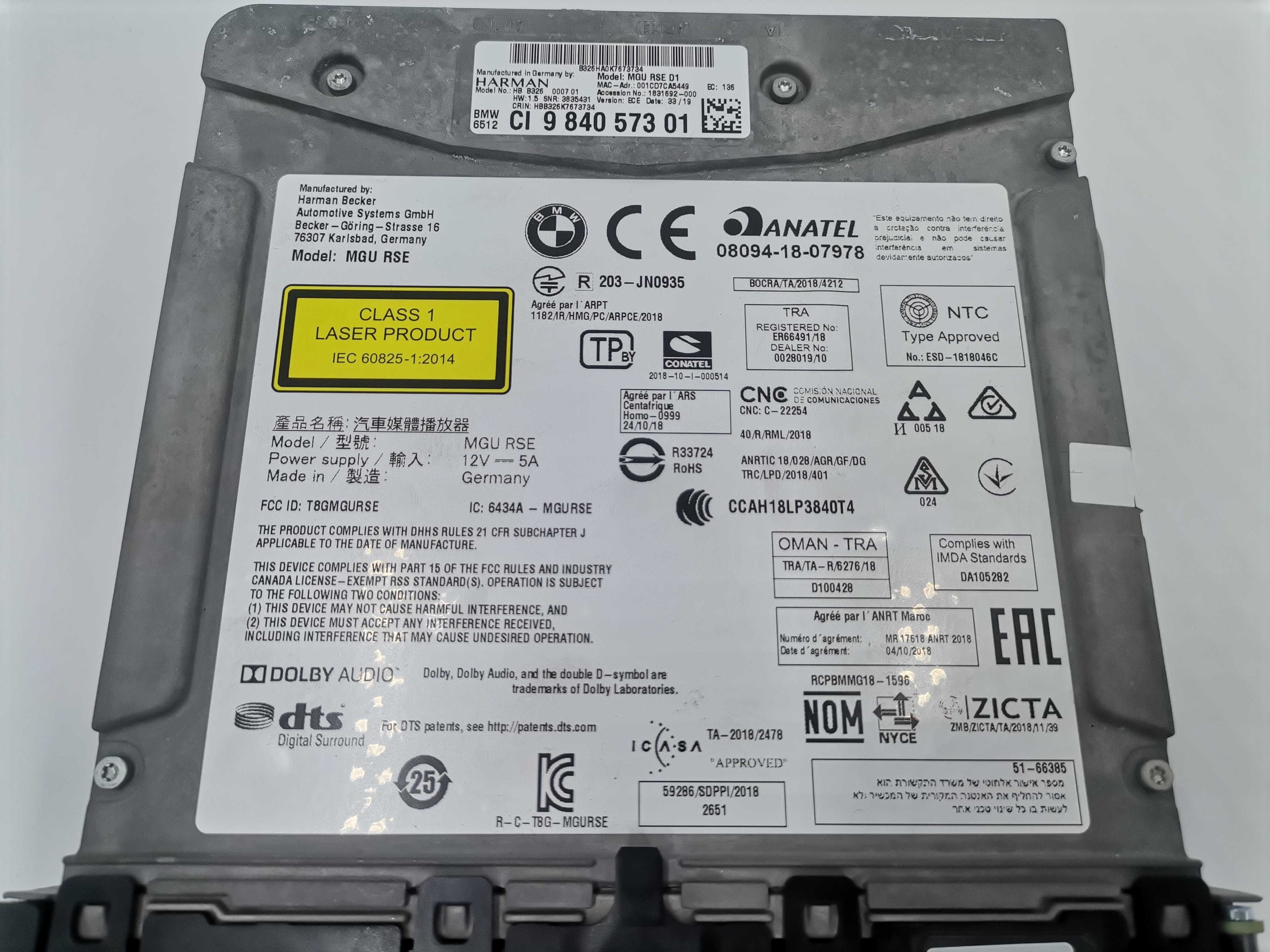 BMW DVD Player RSE MGU 9840573 G30 G31 G32 G11 G11 G05 G06 G07 F90 F95