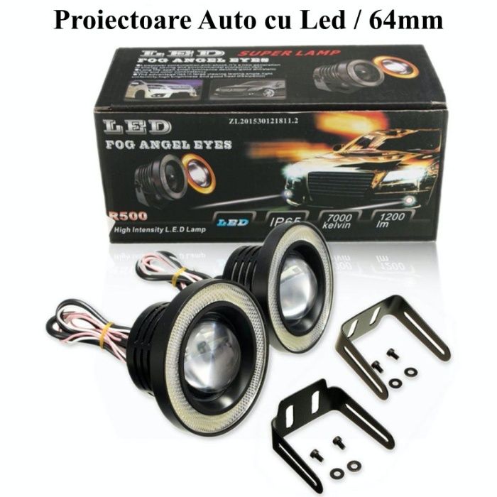 Set 2 Proiectoare ceata universale Lupa LED Angel Eyes 64mm 76mm 89mm