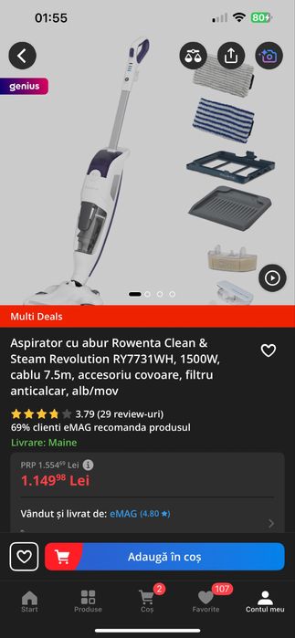 Aspirator vertical cu abur ROWENTA  - 2 in 1 aspira si spala simultan