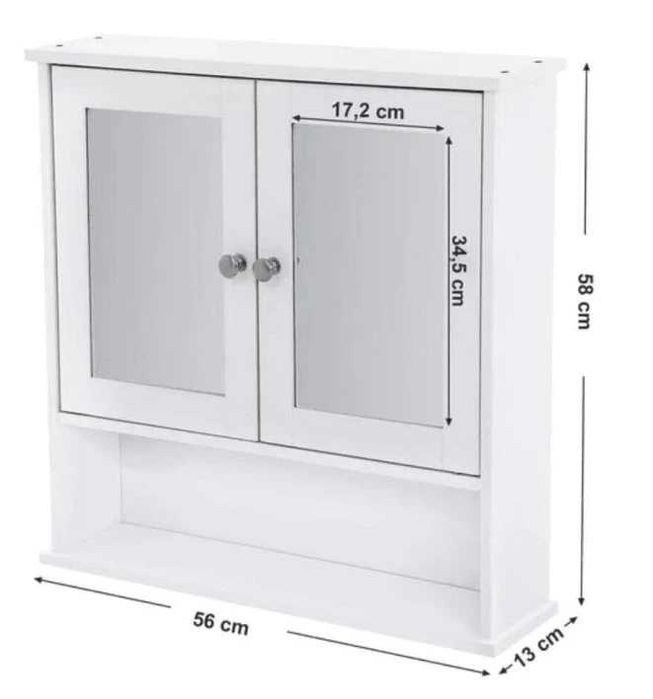 Dulap baie, suspendat, MDF, cu oglinda, 3 rafturi, 2 usi, 56x13x58 cm