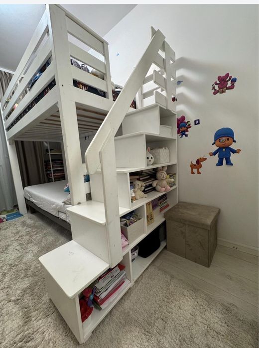 Pat etajat copii, cu saltea inclusa 90x 200, lemn masiv alb, cu scari